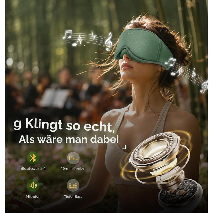 Bluetooth-навушники-маска для сну MUSICOZY 5.4, бамбукова бавовна, повна блокировка світла (Blackout), 16 годин роботи, для бічних сновидів та подорожей, зелена