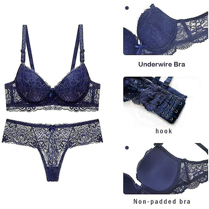SHEKINI Комплект нижньої білизни: бюстгальтер та труси з мереживом, знятні бретелі, push-up, кісточка, сексуальна спідня білизна, стринги, танга, для жінок (Блакитний, 85B)