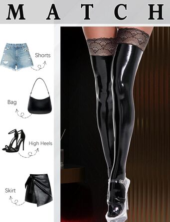 Чулки панчіхні жіночі високі над коліно з мереживом, лак шкіра, чорні. Сексуальний блискучий дизайн, антиковзаючі, для косплею, спідня білизна.