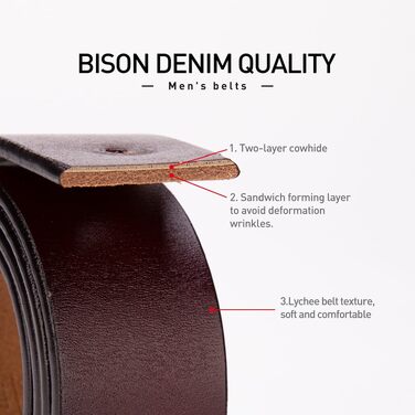 Чоловічий шкіряний ремінь BISON DENIM ретро для джинсів та ділового стилю, 38 мм, коричневий (кава), довжина 115 см, з подарунковою коробкою