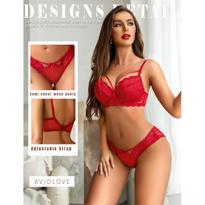 Avidlove Комплект жіночої білизни з мережива, сексуальний бюстгальтер з кісточками та трусики Push up, мереживний комплект, сексуальна білизна, вишуканий вигляд, червоний, XXL