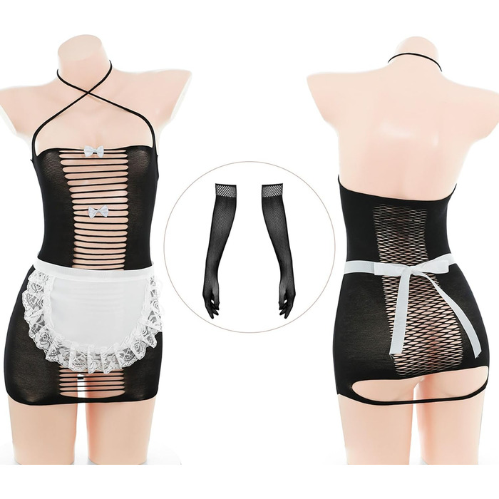 Сукня-сітка JasmyGirls для жінок у стилі французької служниці, комплект з панчохами, фартухом та рукавичками, чорний, X-Small - Large