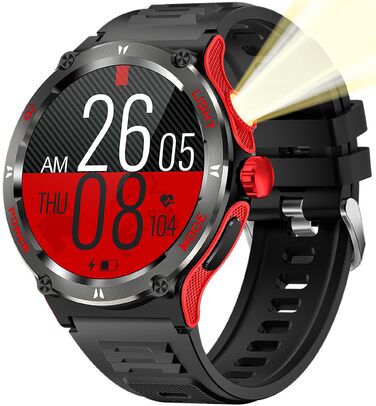 Смарт-годинник findtime Military Edition: водонепроникний тактичний годинник з компасом, LED-ліхтариком та функцією дзвінків, моніторинг пульсу 24г, для Android та iOS (Червоний)