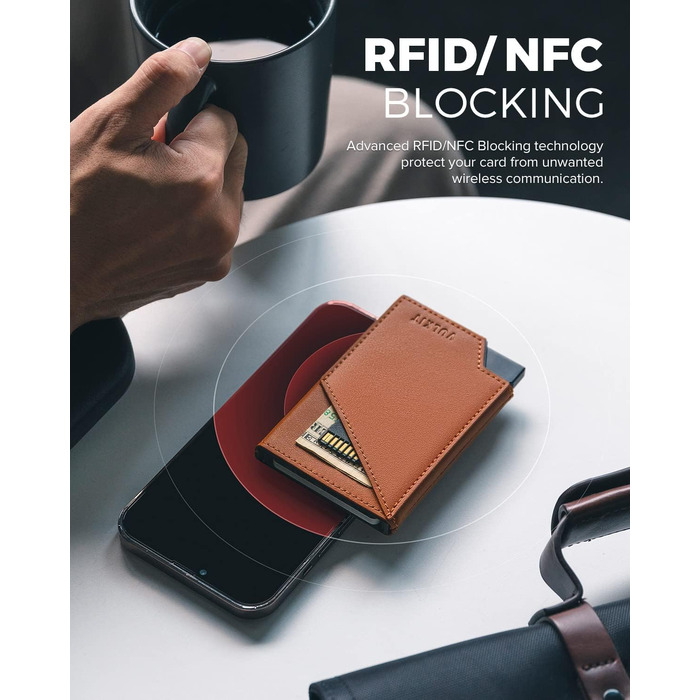 Чоловічий гаманець-картхолдер VULKIT з RFID-захистом, сліма металевий портмоне з висувним механізмом для карток, купюр та монет, коричневий