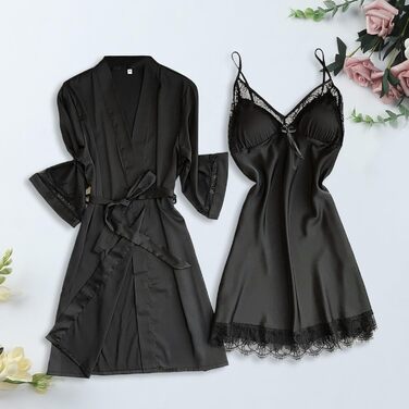 Чорний жіночий піжамний комплект MILAX: нічна сорочка-бабідол, халат, кімоно, мереживо, квіти, V-подібний виріз