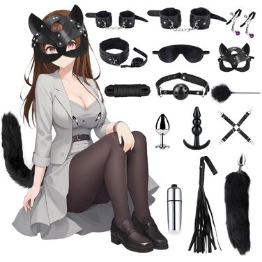 Набір для БДСМ з шкіри, 15 предметів: фетіш, зв'язування, еротика для дорослих. З руками, маскою та мотузкою (чорний)