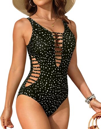 Aqua Eve: Сексуальний купальник-суцільний з вирізами, глибокий V-подібний виріз, неоновий колір (S, чорні крапки)