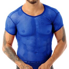 Чоловіча футболка з сіткою, короткий рукав, спортивна сітчаста сорочка для м'язової фігури, блакитна