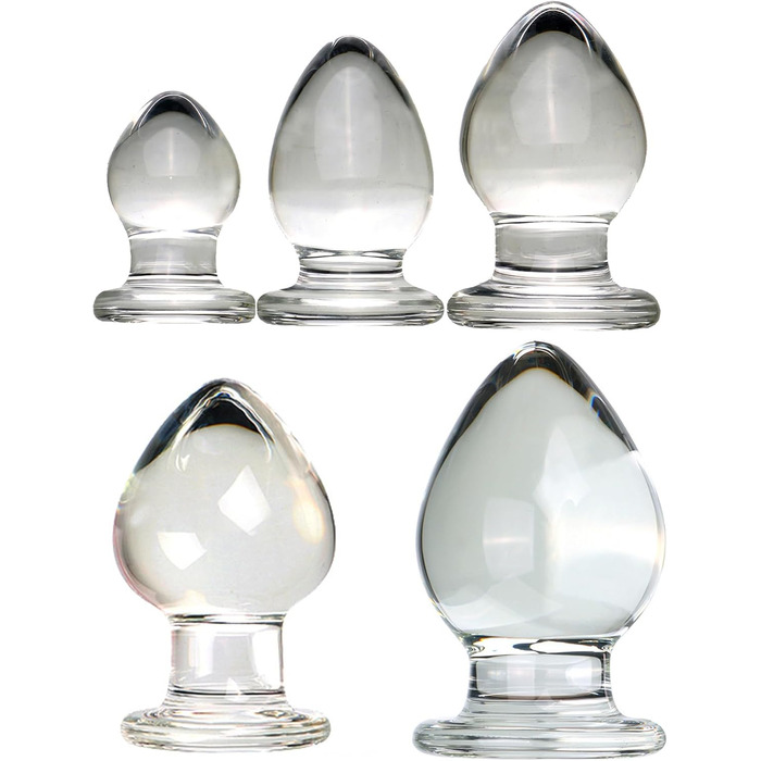 Скляний анальний плаг ScreaAss, 5 розмірів (32/40/45/55/65 мм), набір, прозорий. Іграшки для дорослих для жінок та чоловіків.