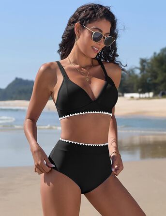 Бікіні жіночий комплект з V-подібним вирізом, двочастинний, з пуш-ап, висока талія, купальник сексуальний з білою мереживом, чорний, розмір S