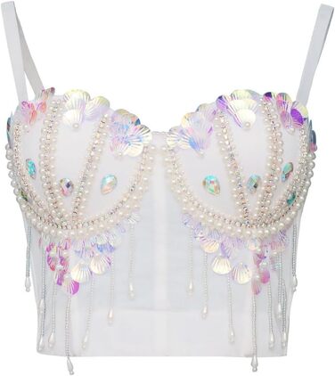 Жіночий корсет-бюстгальтер Royal Smeela з паєтками, перлами та стразами. Короткий топ, корсетний бюст, клубний стиль, для вечірок та свят. Білий корсет з бахромою.