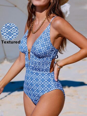 CUPSHE купальник з глибоким V-подібним вирізом, на зав'язках, з текстурою, однотонний (L, блакитний/білий, геометрія)