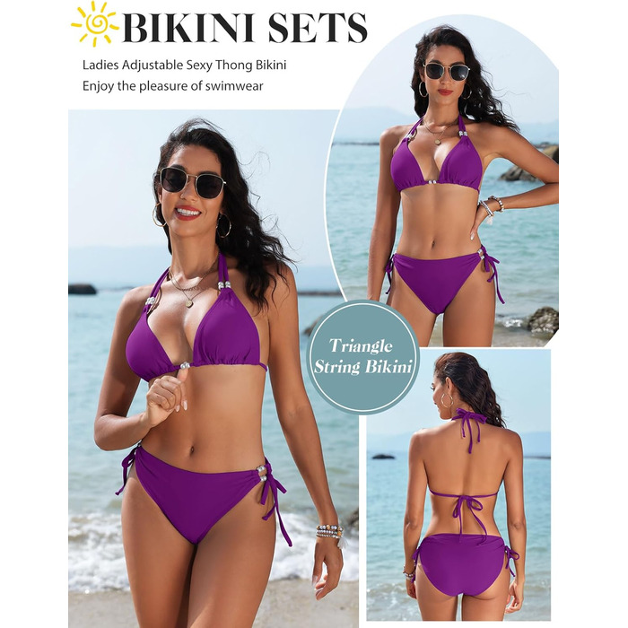 Бікіні жіночий Triange Bikini Set Lila XL - Сексуальний стрінг, суцільний купальник з push-up, з перлами
