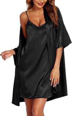 Світшот жіночий Ekouaer з нічною сорочкою, комплект з двох частин, атласний, сексуальний, для дому, вечірній, чорний (03-чорний, M)