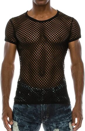 Чоловіча футболка з сітки, стильна, на короткий рукав, для клубу та вечірок, streetwear, чорна, XXL