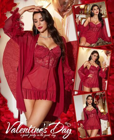 RSLOVE Комплект сексуальної білизни для жінок - мереживний комплект ніжної білизни Babydoll з халатом, 2-частинний, Negligee, нічна сорочка, бордовий