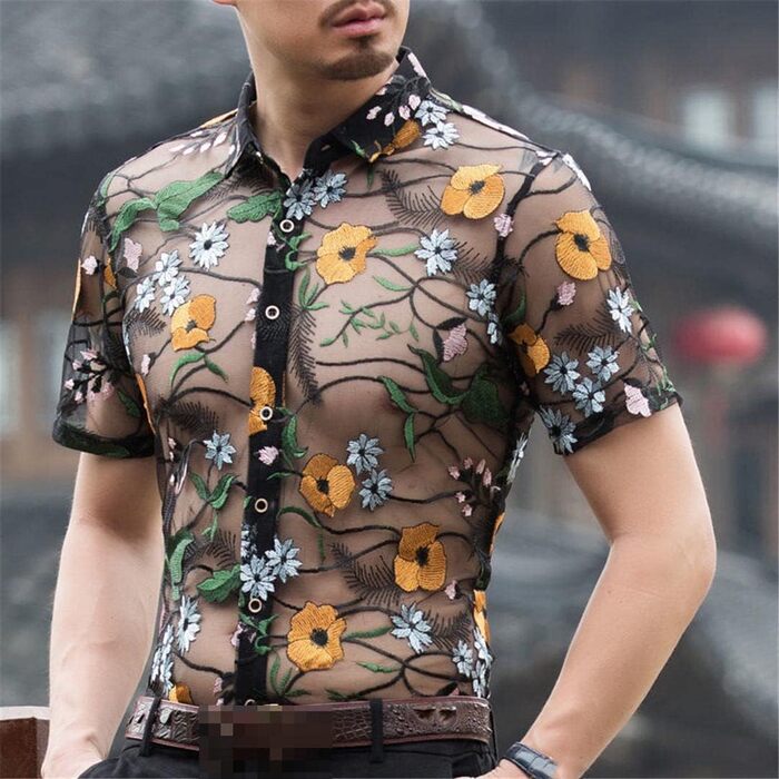 Чоловіча сорочка Deepsko з прозорим дизайном, мереживом та квітковою вишивкою, жовта, літня, з короткими рукавами