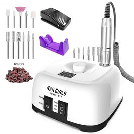 Електричний апарат для манікюру та педикюру NAILGIRLS 11 в 1, 35000 об/хв, з LCD-дисплеєм та педаллю, професійний набір для нарощених нігтів та гель-лаку (Білий)