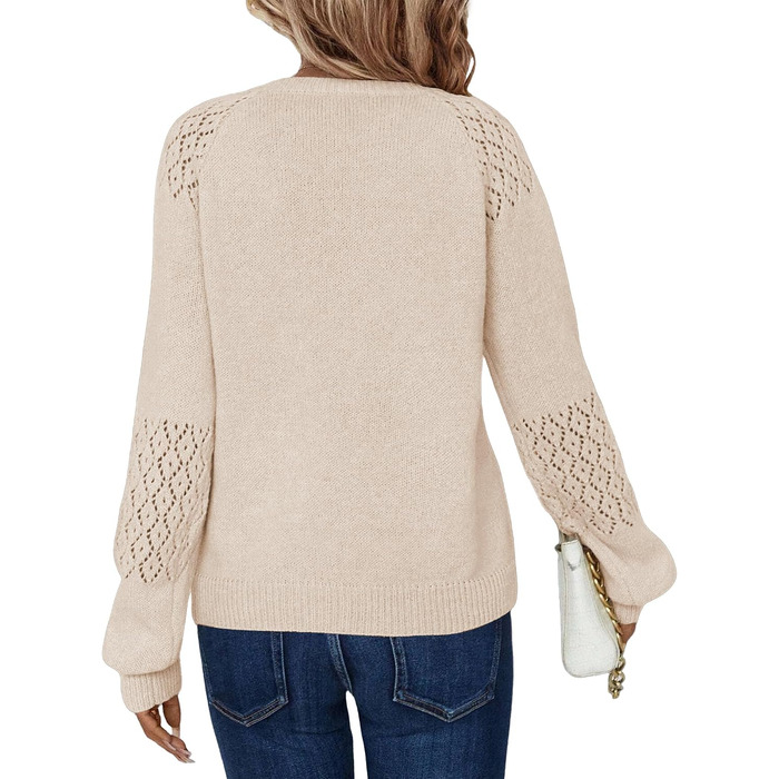 Жіночий в'язаний светр Zeagoo зимовий, бежевий трикотажний пуловер з круглим вирізом та ажурними вставками, розмір M