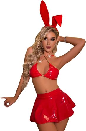 Костюм зайчика для жінок JasmyGirls: сексуальний косплей з мереживом, шкіра, бікіні, мереживний бюстгальтер та міні-спідниця (червоний, XS-M)