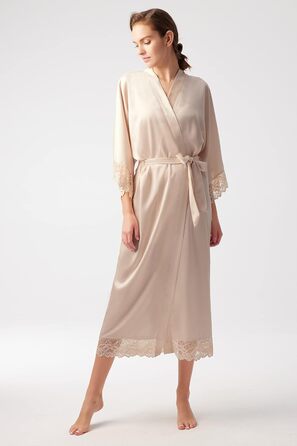 Халат жіночий довгий/короткий однотонний мереживний з рукавами з атласу, шовку, типу кімоно, для дому, літа, універсальний розмір, колір шампань