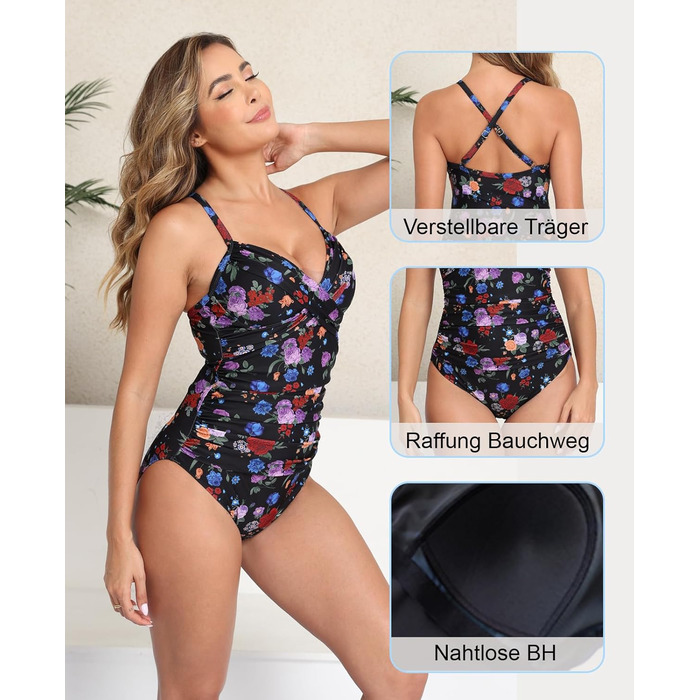 Чоловічий купальник Halcurt з животом, з чашками, з драпіруванням, суцільний, V-подібний виріз, чорний з квітковим принтом, розмір S