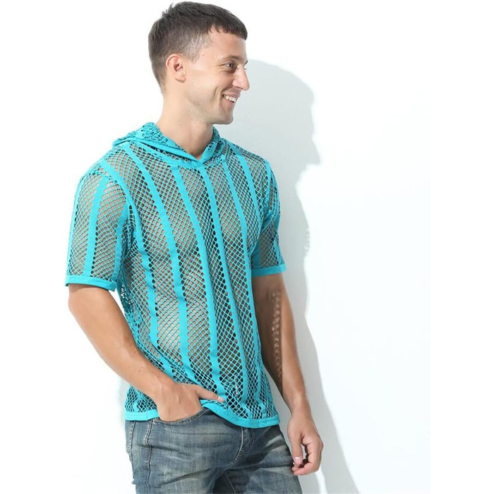 Чоловіча футболка з сітки, прозора, з короткими рукавами та капюшоном, Streetwear, спортивна, чорна