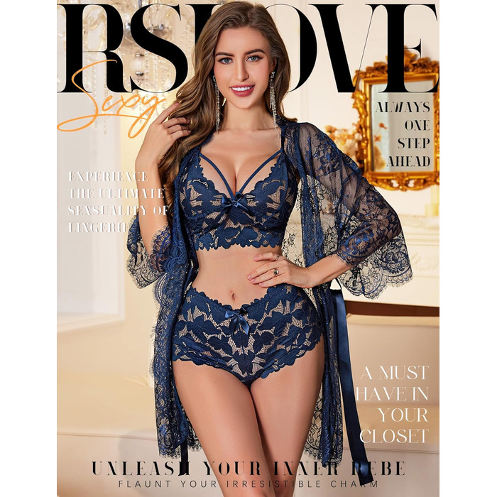 RSLOVE Комплект жіночої ніжної піжами: бюстгальтер, трусики та халат з мереживом, колір морської хвилі