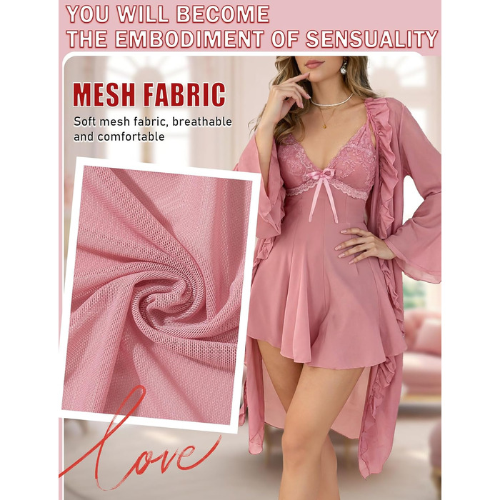 Комплект жіночої білизни AIEOE: мереживний халат-сорочка та нічна сорочка (рожевий, S)