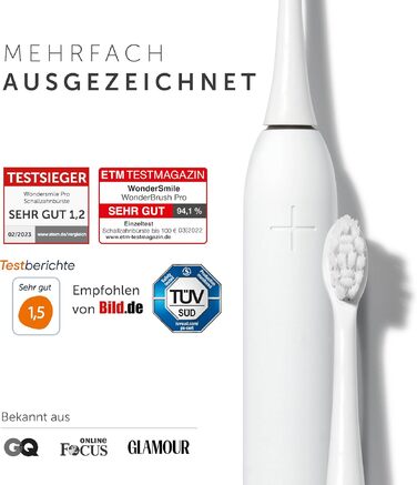 Електрична зубна щітка WonderSmile Schallzahnbürste Pro IPX8, 4 програми, з зарядним пристроєм та смарт-насадкою, біла