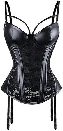 Корсет- бюстгальтер Чені в стилі стимпанк готичний з мережива та штучної шкіри, чорний, розмір S-6XL