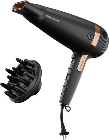 Фен для волосся Grundig Naturashine HD 7081, 2100 Вт, з іонізацією, керамічним покриттям з олією макадамії та кокоса, автоматичним змотуванням кабелю, чорний/рожеве золото