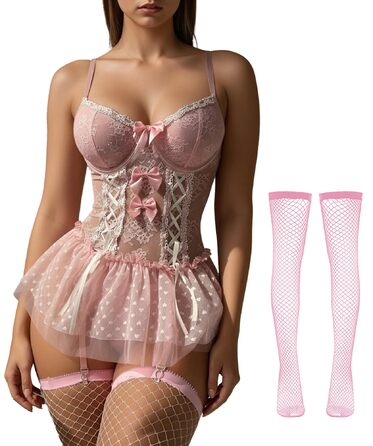 Комплект жіночої білизни FEOYA: мереживне боді, корсет, трусики, панчохи (рожевий, розмір L)