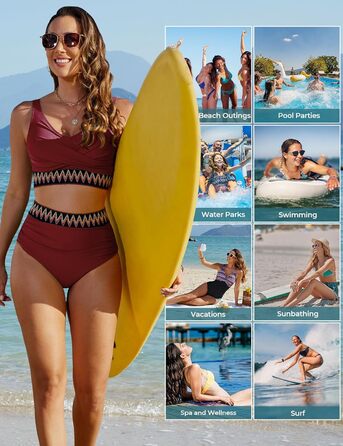Бікіні жіночий комплект з високою талією, суцільний купальник двочастинний, сексуальний V-подібний виріз, push-up, кольоровий смугастий, великі розміри, пляжний, басейн, бордовий