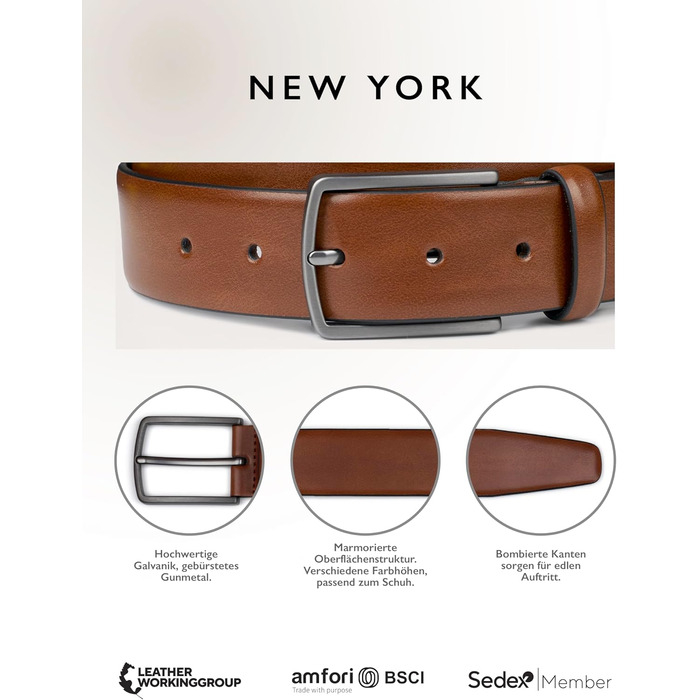 Чоловічий шкіряний ремінь FENIX NEW YORK Desert Cognac (95 см), ширина 35 мм, гіпоалергічна пряжка, регульований та екологічний, для костюма та джинсів