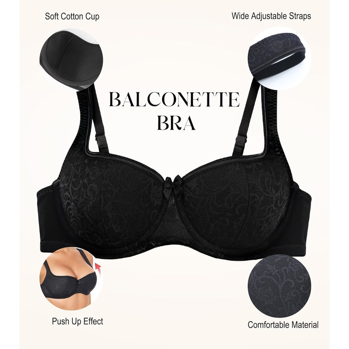 Дирндль бюстгальтер Lemorosy для жінок з кісточками, balconette, з м'якими широкими бретелями, чорний 85B