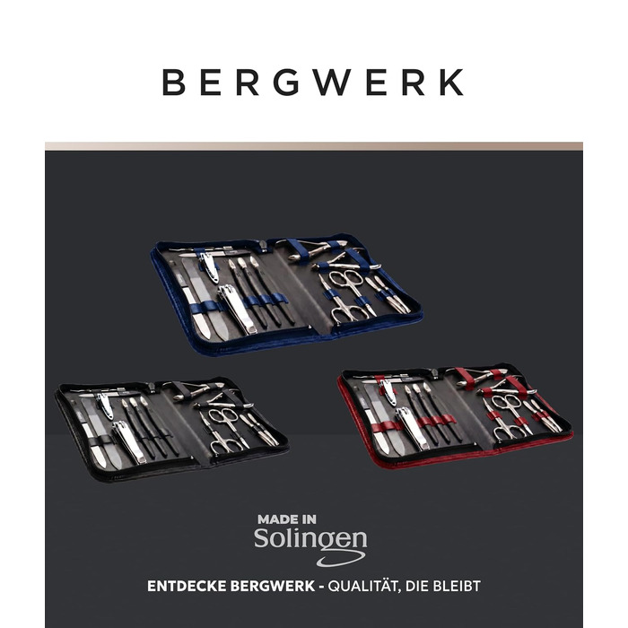 Професійний набір для манікюру та педикюру BERKWERG Solingen, 15 предметів, шкіряний футляр, чорний — Німеччина