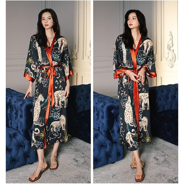 Жіночий халат-кімоно з атласу, максі, довгий, з квітковим принтом, легкий літній халат, жіночий халат для сну, піжама для вечірки, леопардовий принт (універсальний розмір)