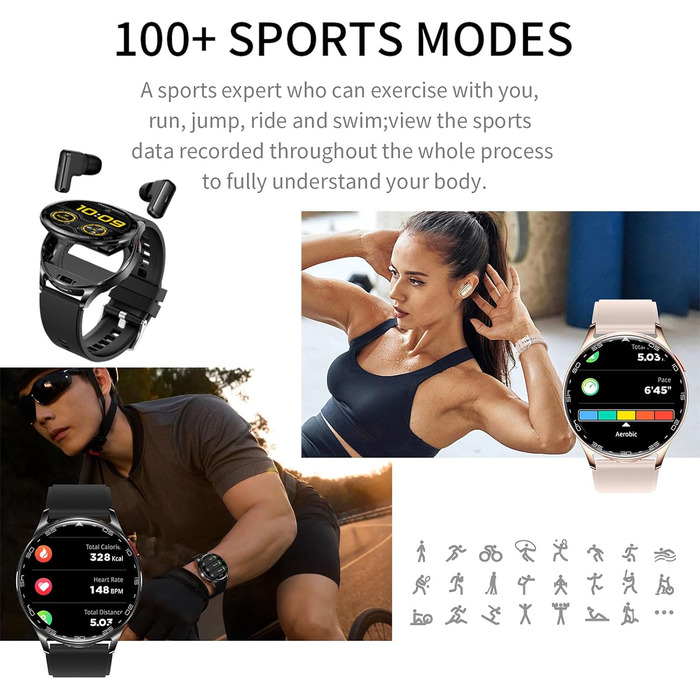 Смарт-годинник з Bluetooth-навушниками 2-в-1, фітнес-трекер з екраном 1.39