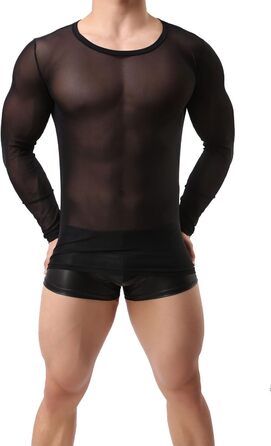 Чоловіча прозора чорна майка з довгим рукавом - нічна сорочка, сексуальна білизна, обтисла футболка з еластичних волокон, чорна майка-сітка L-XL