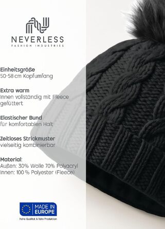 Жіноча зимова в'язана шапка Neverless з флісовою підкладкою та помпоном зі штучного хутра, модель 2207, чорна (універсальний розмір)