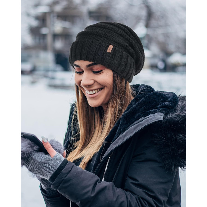 Жіноча в'язана шапка-біні FURTALK Slouch Beanie у стилі street style, груба в'язка, м'яка зимова шапка, універсальний розмір, чорна