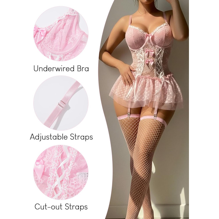 Комплект жіночої білизни FEOYA: мереживне боді, корсет, трусики, панчохи (рожевий, розмір L)