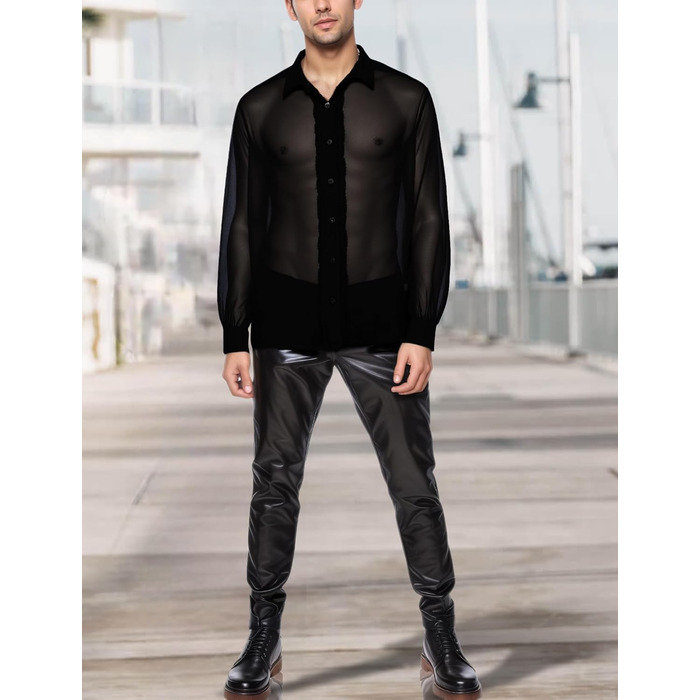 Чоловіча прозора сорочка AIEOE, тонке сексуальне т-образне поло з довгим рукавом, для дискотеки та клубів, чорний, розмір S-3XL