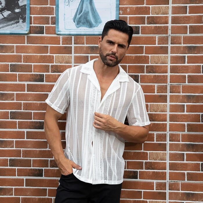 Чоловіча прозора сорочка-сітка Abehik Kurzarm Rave Shirt для вечірок та клубу, сексуальний набір для Swingercub (білий, XXL)