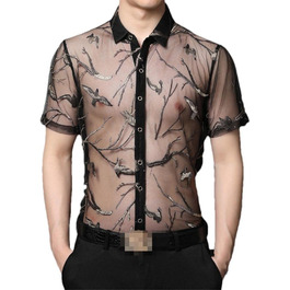 Чоловіча сорочка Deepsko з вишивкою, прозора нижня частина, літня сітка, сексуальний короткий рукав, чорний, XL