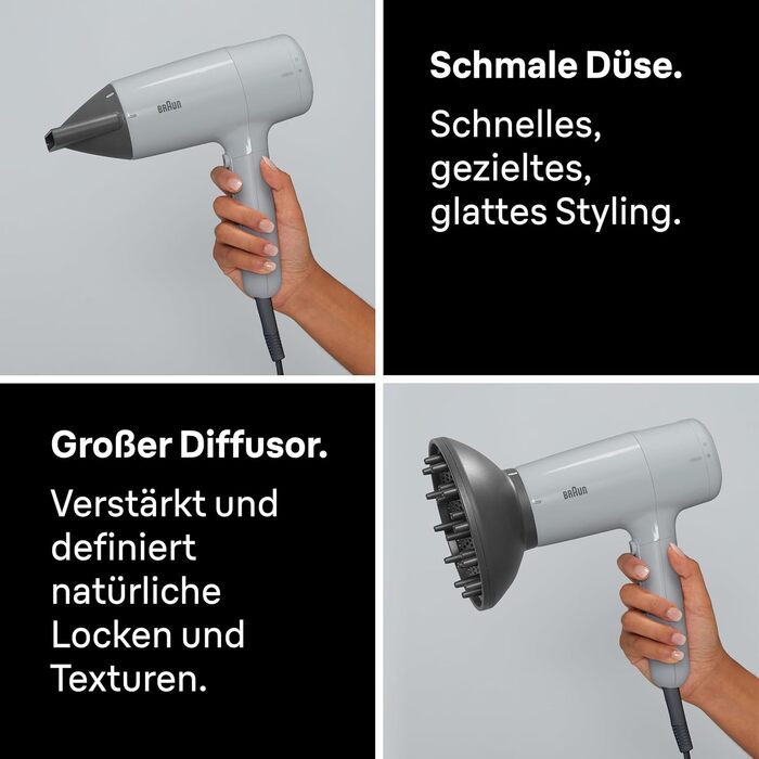 Фен для волосся Braun Haartrockner HD4.2 (BRHD235E) з дифузором та вузьким соплом, технологія Super IONTEC, 2100 Вт, 3 режими температури та швидкості, чорно-сірий