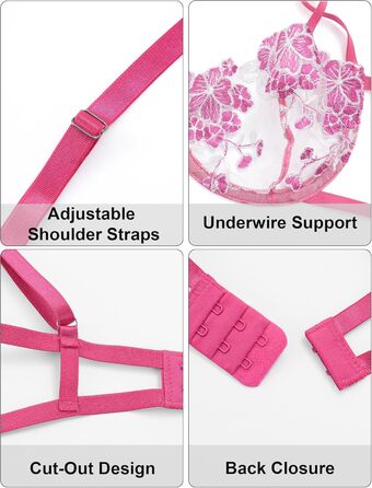 AEAU Комплект жіночої білизни: мереживний бюстгальтер та танга, прозорий, push-up, мереживний, квітковий, бралетта, S-XL (Рожевий, XL)