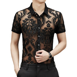 Чоловіча сорочка Yeuyyben чорна прозора з квітковим мереживом, сітка, короткі рукави, розмір XL