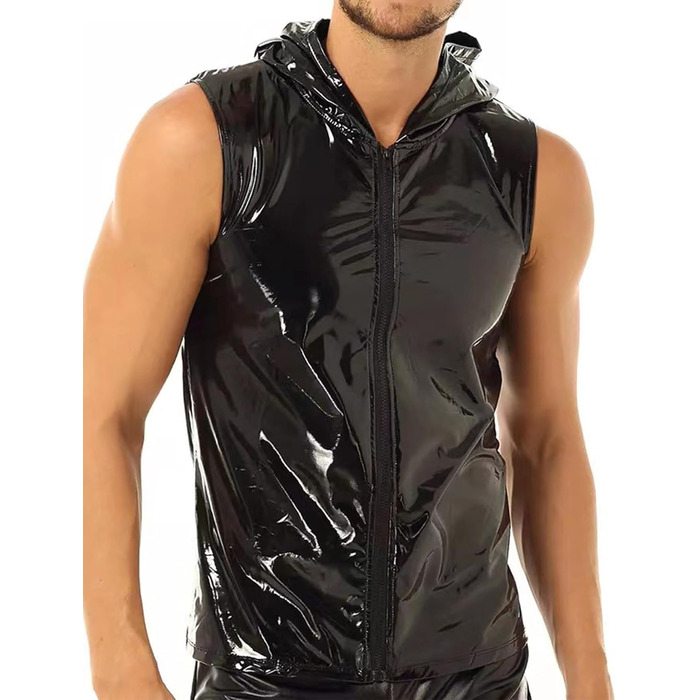 Чоловіча сорочка з лакованої шкіри Wetlook, сексуальна модель, для вечірок (L, Чорний)